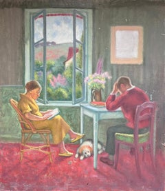 Grande peinture à l'huile moderniste française/ polonaise d'une salle de lecture et d'un chien