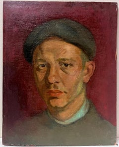 Portrait of Man in Cap Original 20th Century Oil Painting Polish Artist