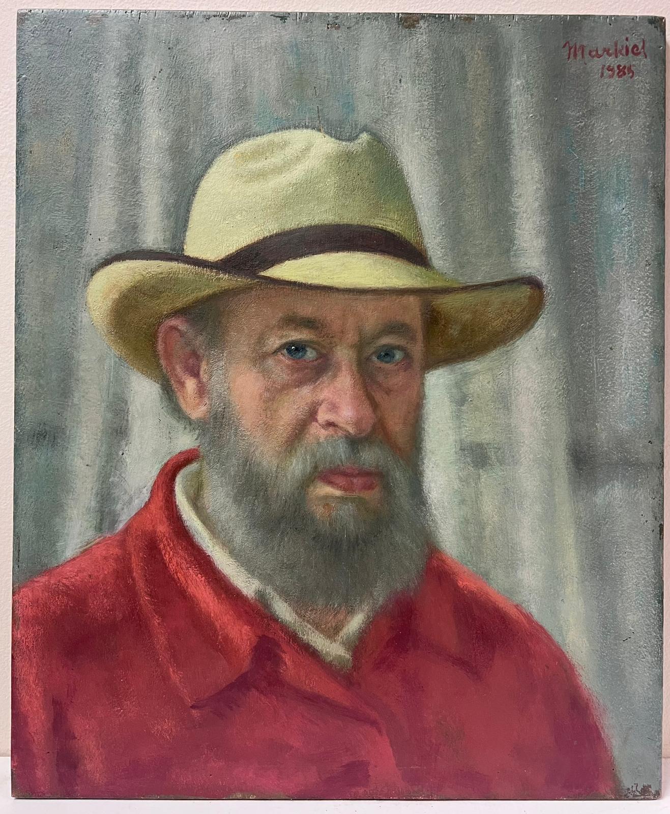 Self Portrait of the Artist Man in Hat Exhibited Paris Salon 1985, large oil  - Painting by Jacob Markiel
