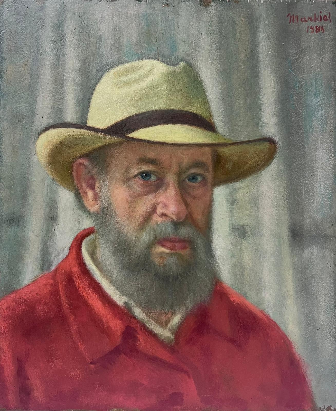 Portrait Painting de Jacob Markiel - Autorretrato del artista Hombre con sombrero Expuesto en el Salón de París 1985, óleo grande