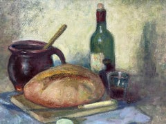 Still Life Bread & Wine on Table Top 20th Century Impressionist Oil Polish art