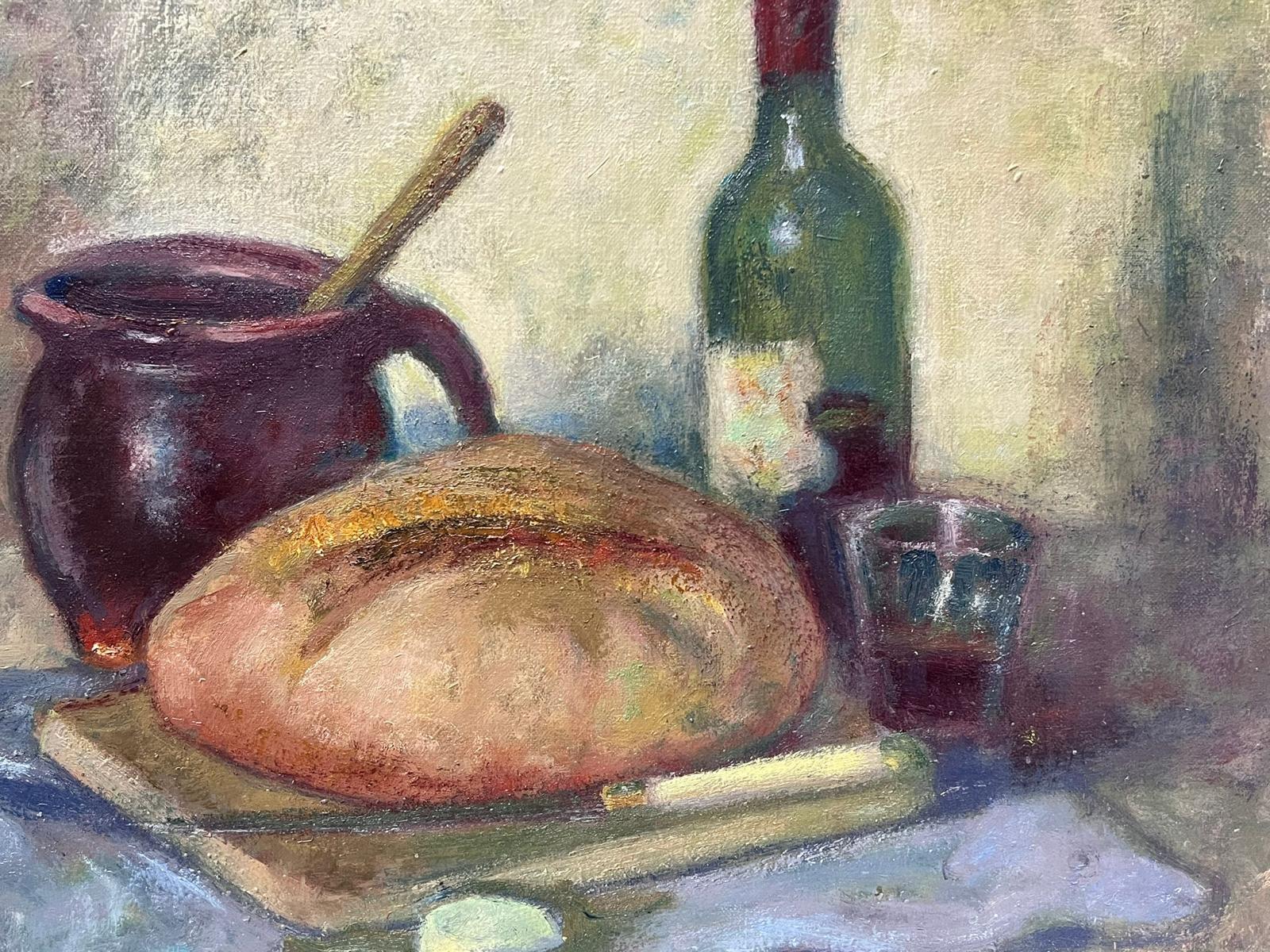 Still Life Bread & Wine on Table Top 20th Century Impressionist Oil Polish art - Modern Painting by Jacob Markiel
