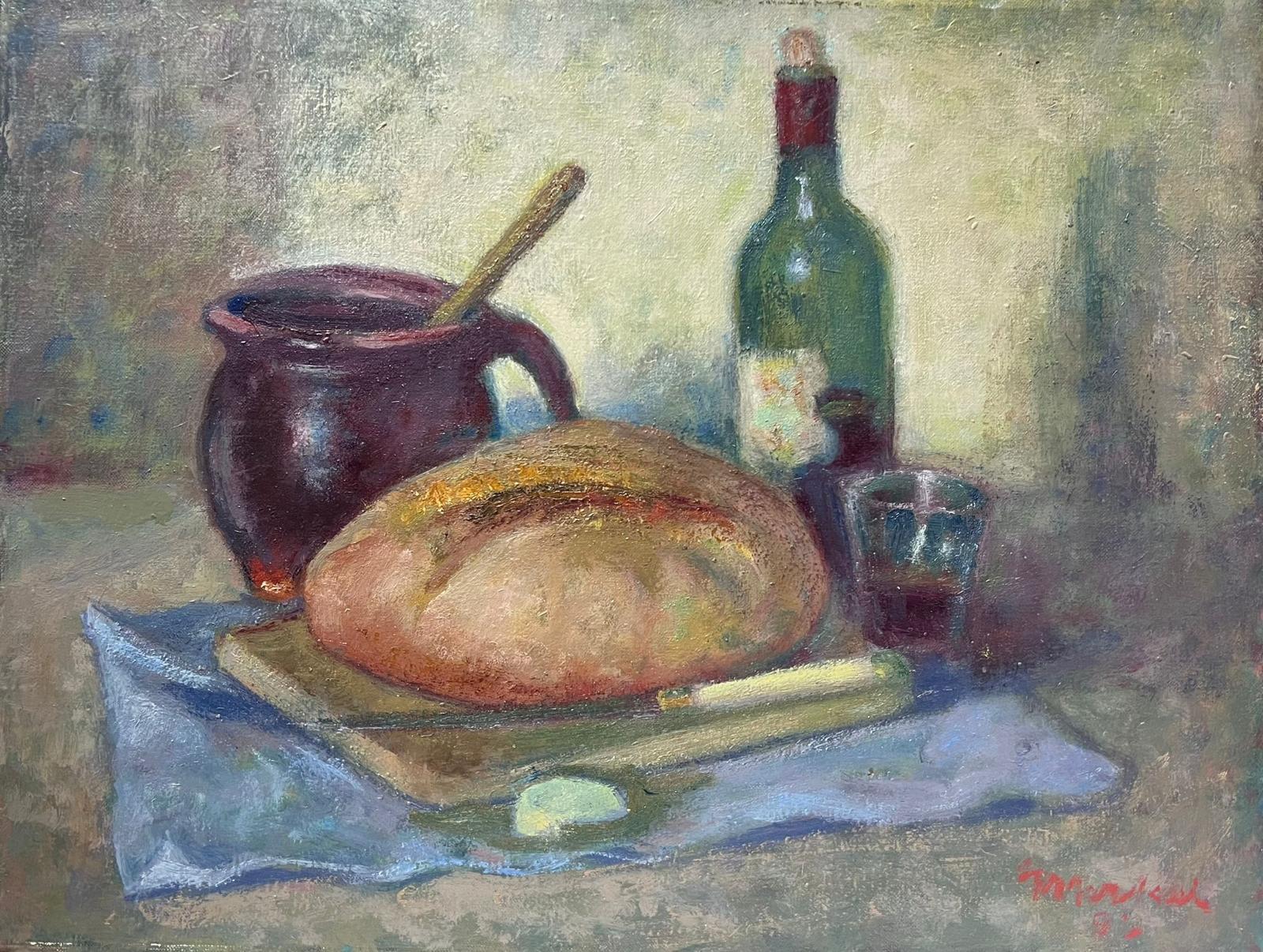 Still Life Bread & Wine on Table Top 20th Century Impressionist Oil Polish art