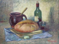 Stillleben Brot und Wein auf Tischplatte, Impressionistisches Öl, Polnische Kunst des 20. Jahrhunderts