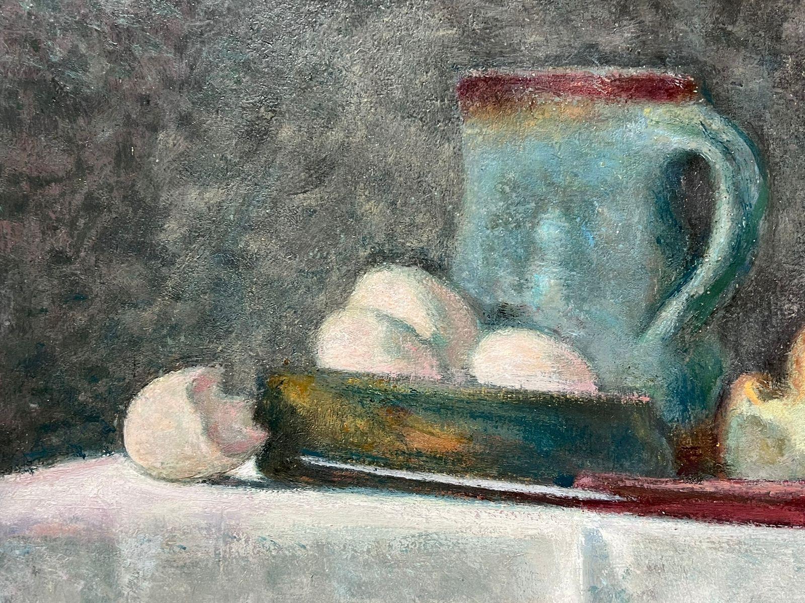 Still Life Eggs Garlic Onion & Blue Jug Polish 20th Century Oil Painting - Gray Interior Painting by Jacob Markiel