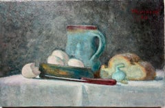 Vintage Still Life Eggs Garlic Onion & Blue Jug Polish 20th Century Oil Painting