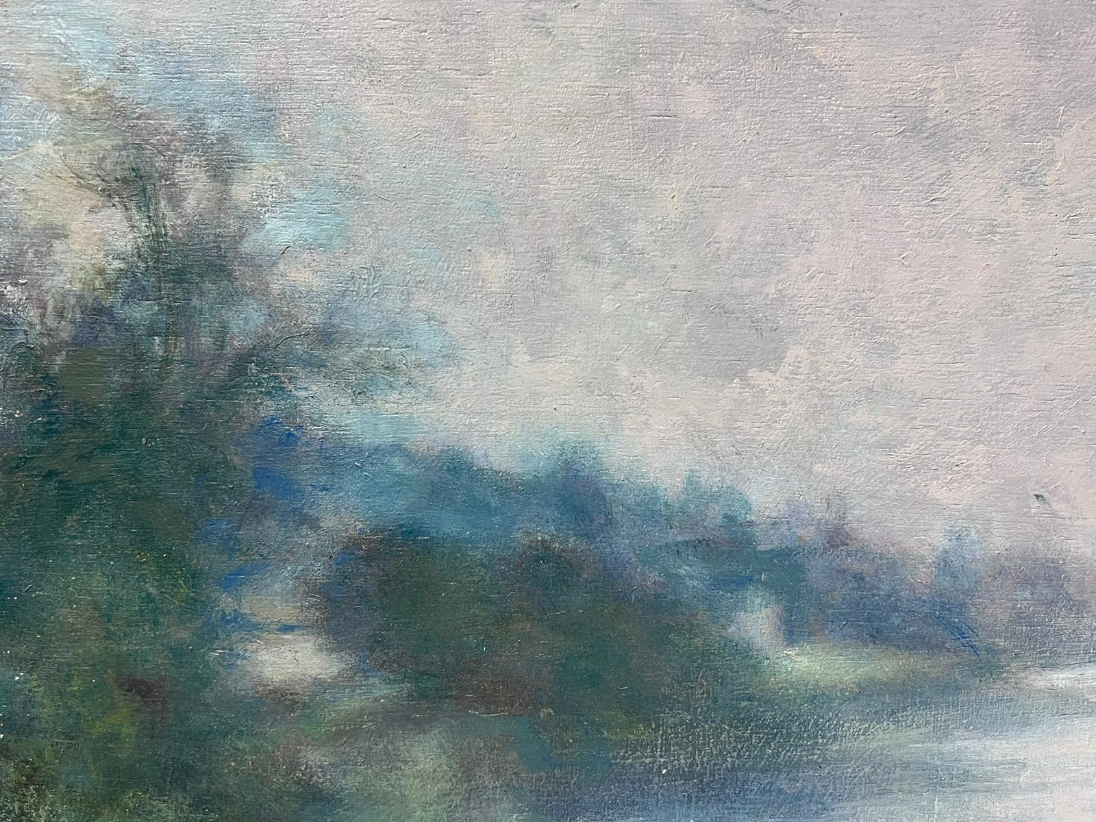 Superb Impressionist Oil Painting Misty River Landscape Oil Painting signed For Sale 1