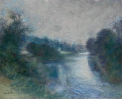 Vintage Superb Impressionist Oil Painting Misty River Landscape Oil Painting signed