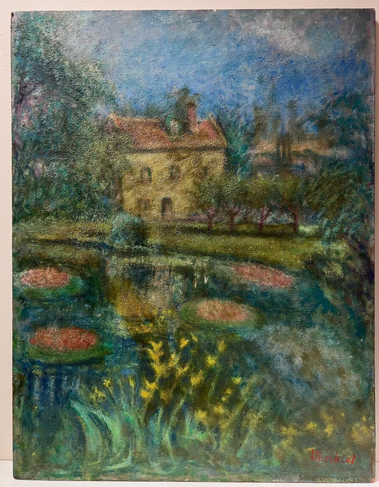 The Lily Pond 20th Century Modernist Oil Painting by Listed Polish artist - Gray Landscape Painting by Jacob Markiel