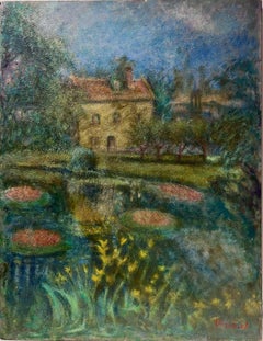 Vintage The Lily Pond 20th Century Modernist Oil Painting by Listed Polish artist