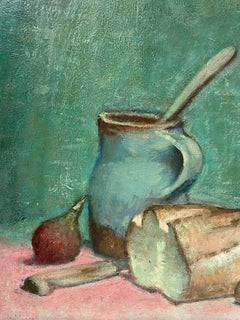 1950's Beautiful Still Life Bread Fig & Walnut Turquoise Colors, signed painting