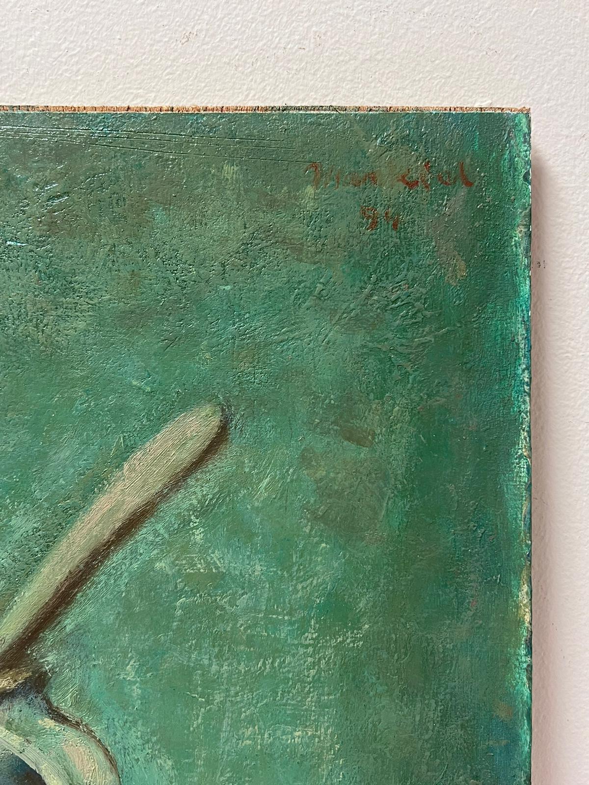 1950's Schönes Stillleben Brot Feige & Nussbaum Türkisfarben, signiertes Gemälde (Moderne), Painting, von Jacob Markiel (Polish 1911-2008)