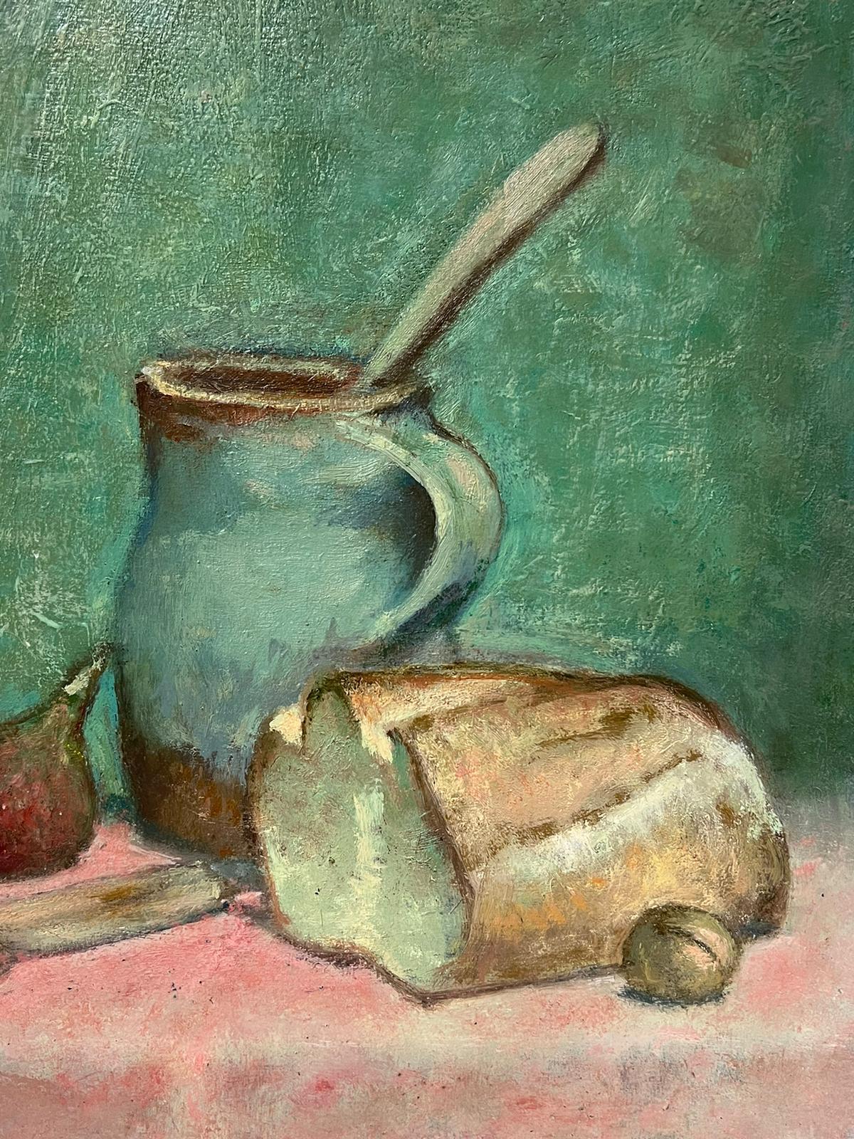 1950's Schönes Stillleben Brot Feige & Nussbaum Türkisfarben, signiertes Gemälde (Grau), Interior Painting, von Jacob Markiel (Polish 1911-2008)