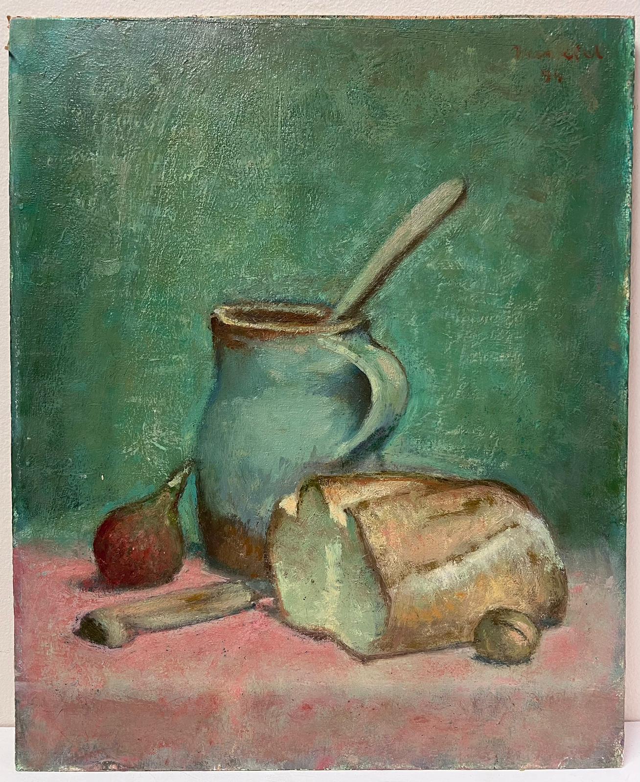 Stillleben, Brot, Feige und Walnuss
signiert von Jacob Markiel (Polnisch 1911-2008) *Siehe Anmerkungen 
Öl auf Karton, ungerahmt
Pappe: 17 x 13,5 Zoll
Provenienz: Privatsammlung
Zustand: sehr guter und gesunder Zustand

Jacob Markiel wurde in einer