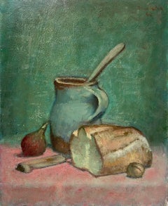 1950's Beautiful Still Life Bread Fig & Walnut Turquoise Colors, signed painting