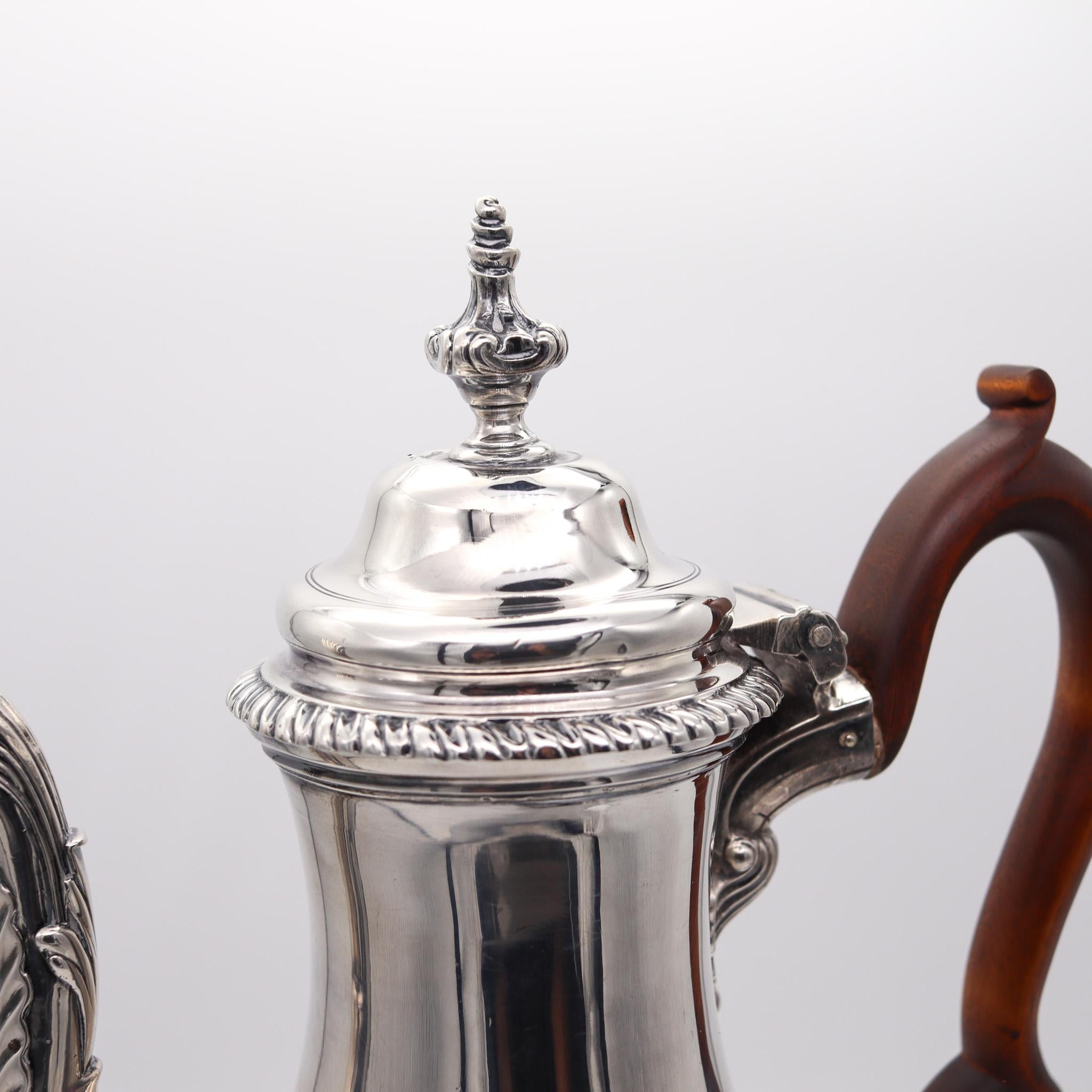 Georgian Jacob Marsh 1766 London Coffee Pot In .925 Sterling Silver And Carved Wood For Sale