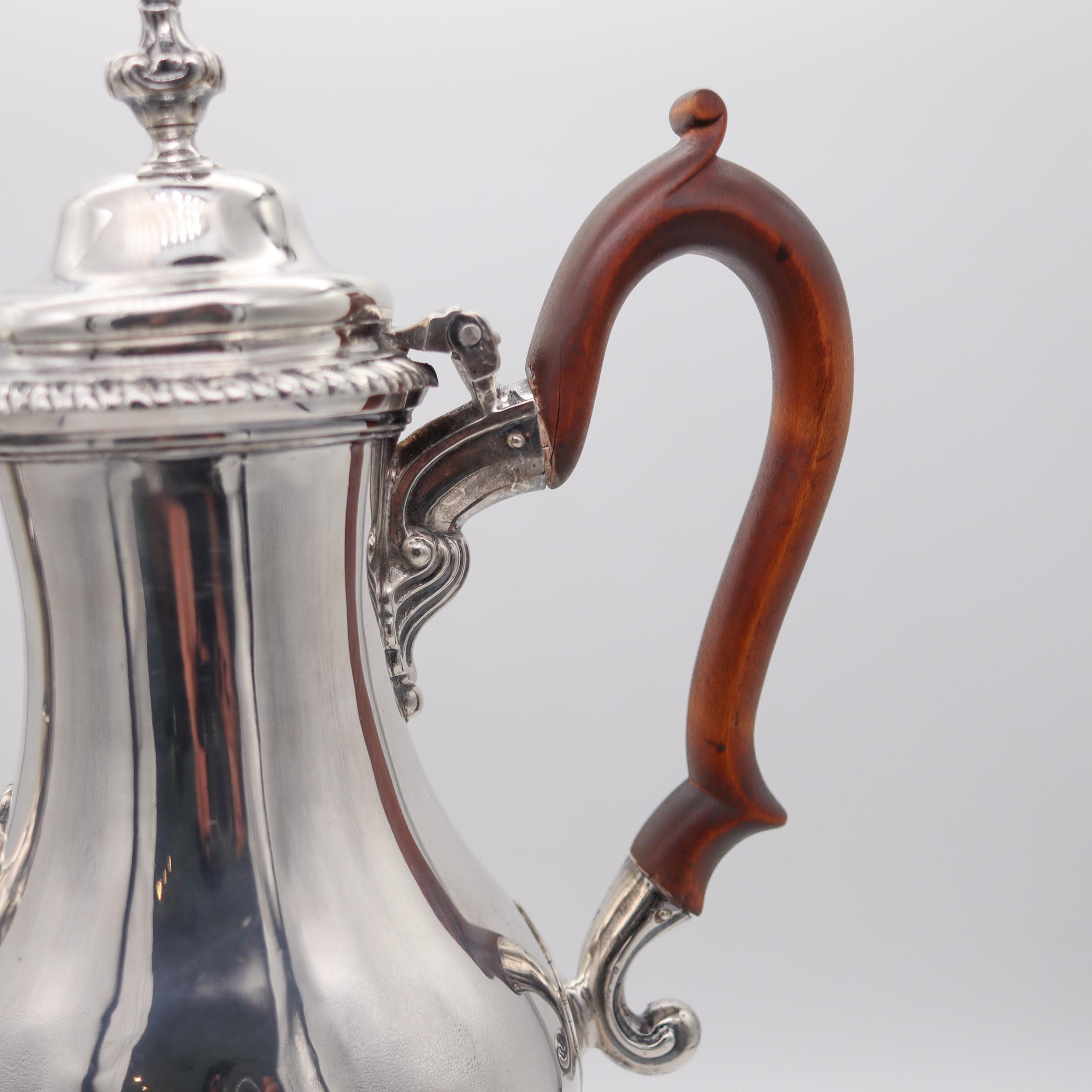 English Jacob Marsh 1766 London Coffee Pot In .925 Sterling Silver And Carved Wood For Sale