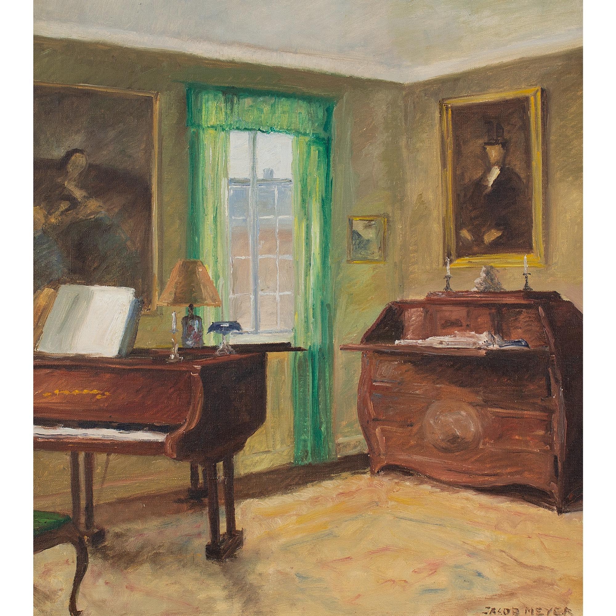 This eye-catching interior scene by Danish artist Jacob Meyer (1895-1971) depicts a corner of an impressive room of good proportions. In the foreground, a grand piano stands before a large portrait. Sheet music is open, ready to play. While on the