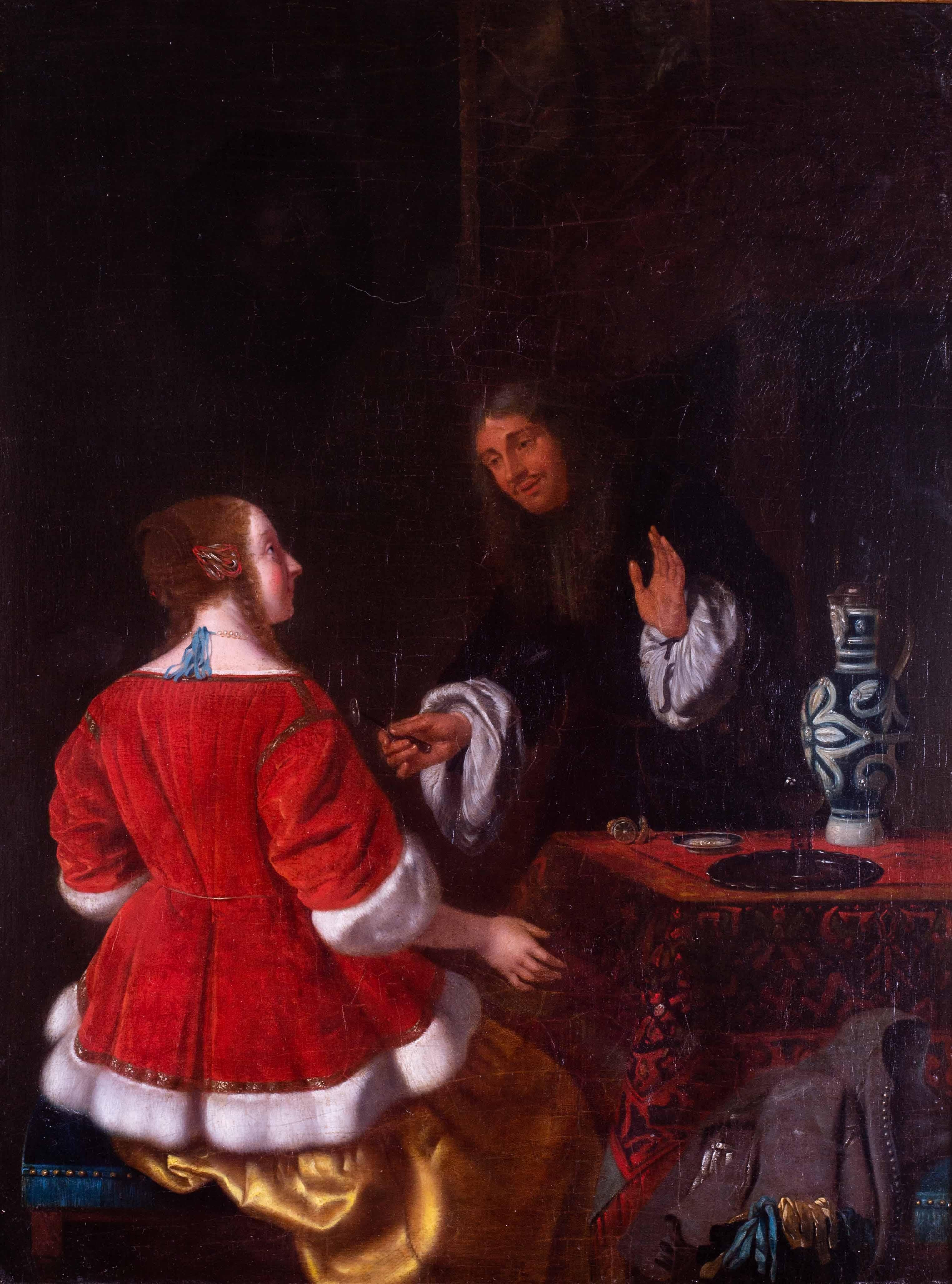 Dutch 17th Century oil painting, lady slicing a lemon, attributed to Ochtervelt - Old Masters Painting by Jacob Ochtervelt