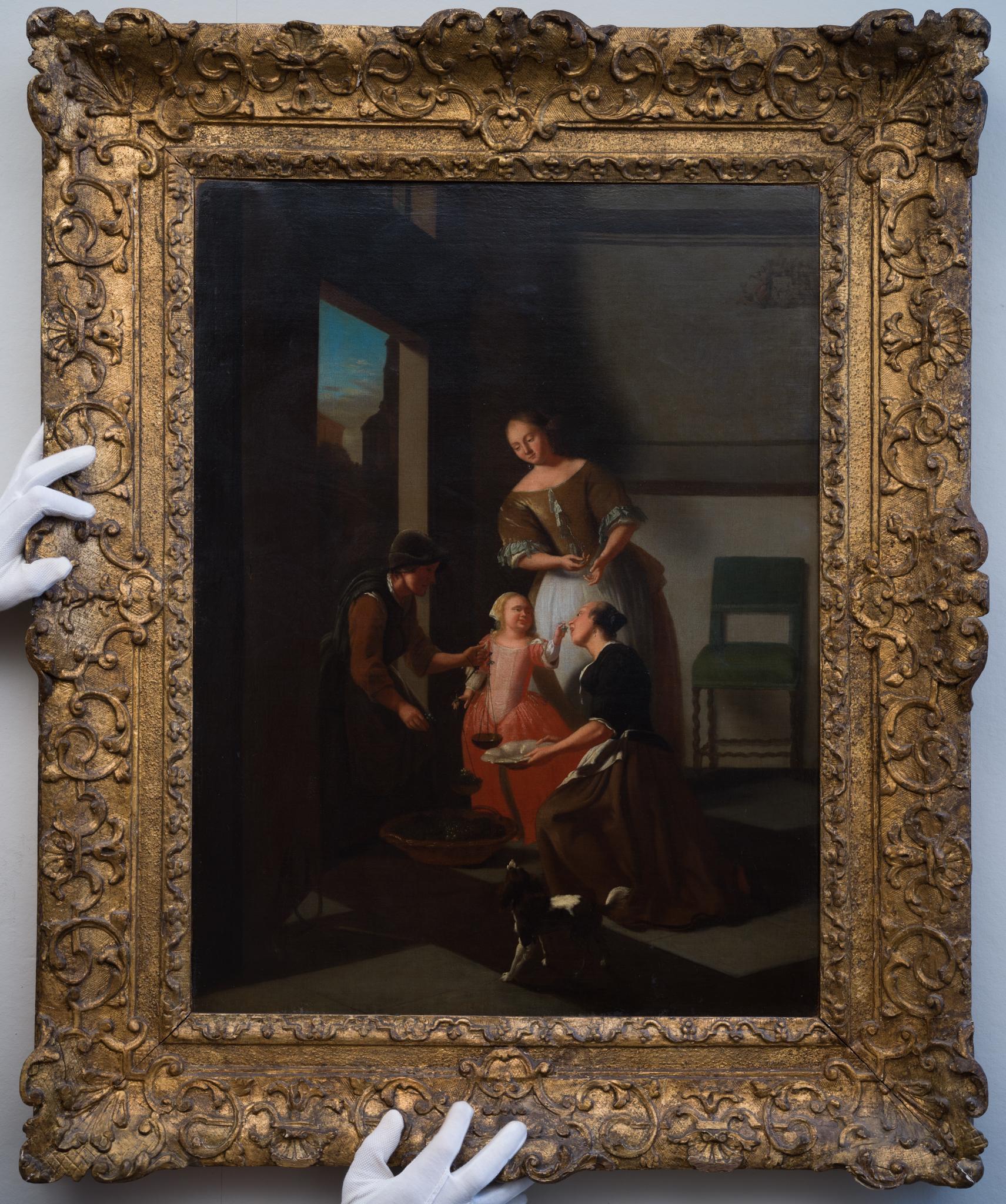 The Grape Seller von Jacob Ochtervelt (Workshop), Öl auf Leinwand, Rahmen aus der Zeit der Traube im Angebot 2