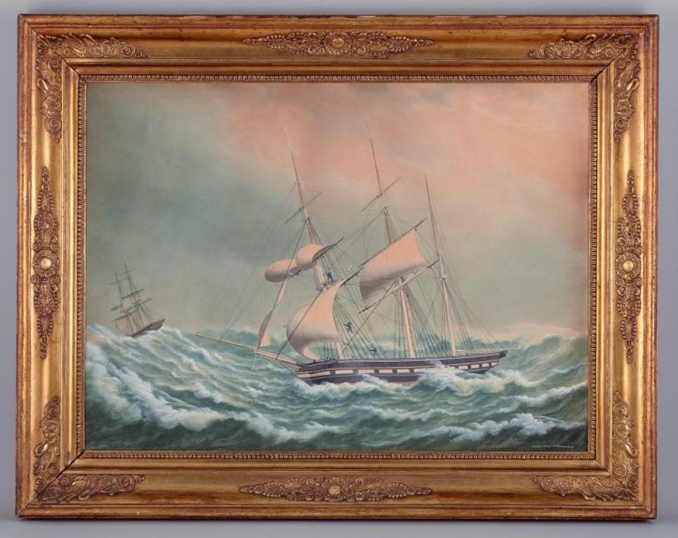 Jacob Petersen (1774-1855), bekannter dänischer Marinemaler und Schüler von C. W. Eckersberg. 
Gouache auf Papier. 
Schiffsporträt der Barke 