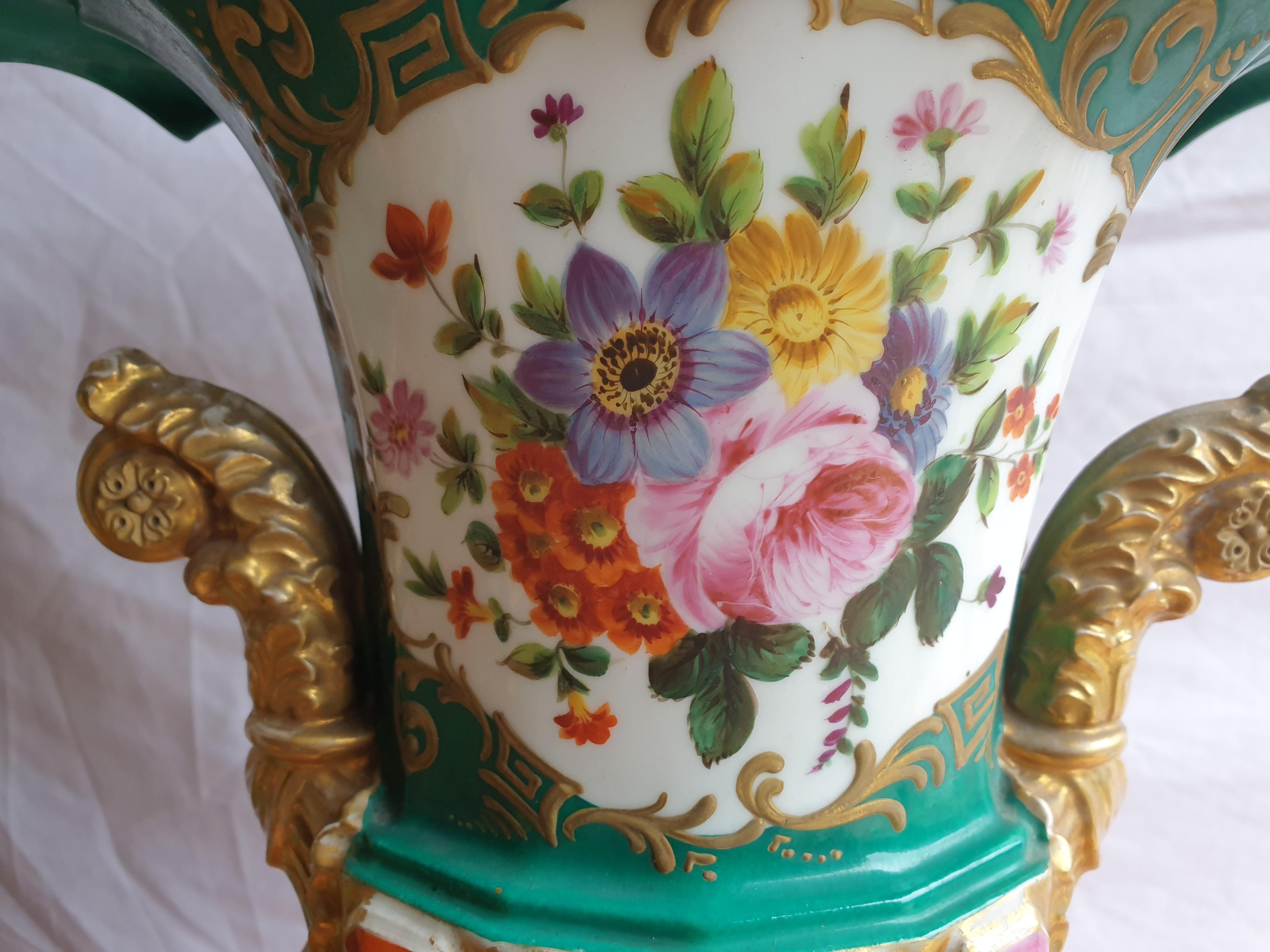 Jacob Petit Hand Painted Urn Vases with Gilding Detailing and Jewelling For Sale 4