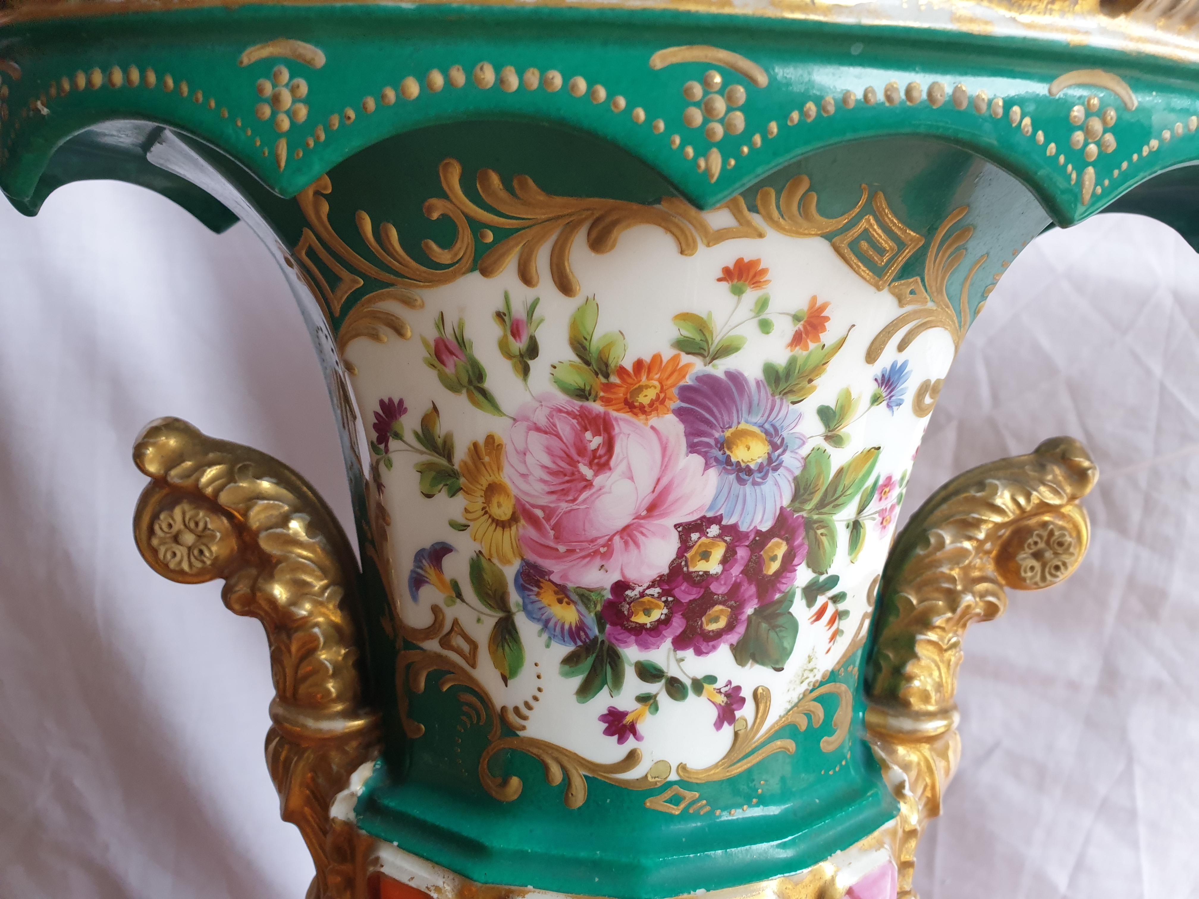 Jacob Petit Hand Painted Urn Vases with Gilding Detailing and Jewelling For Sale 5