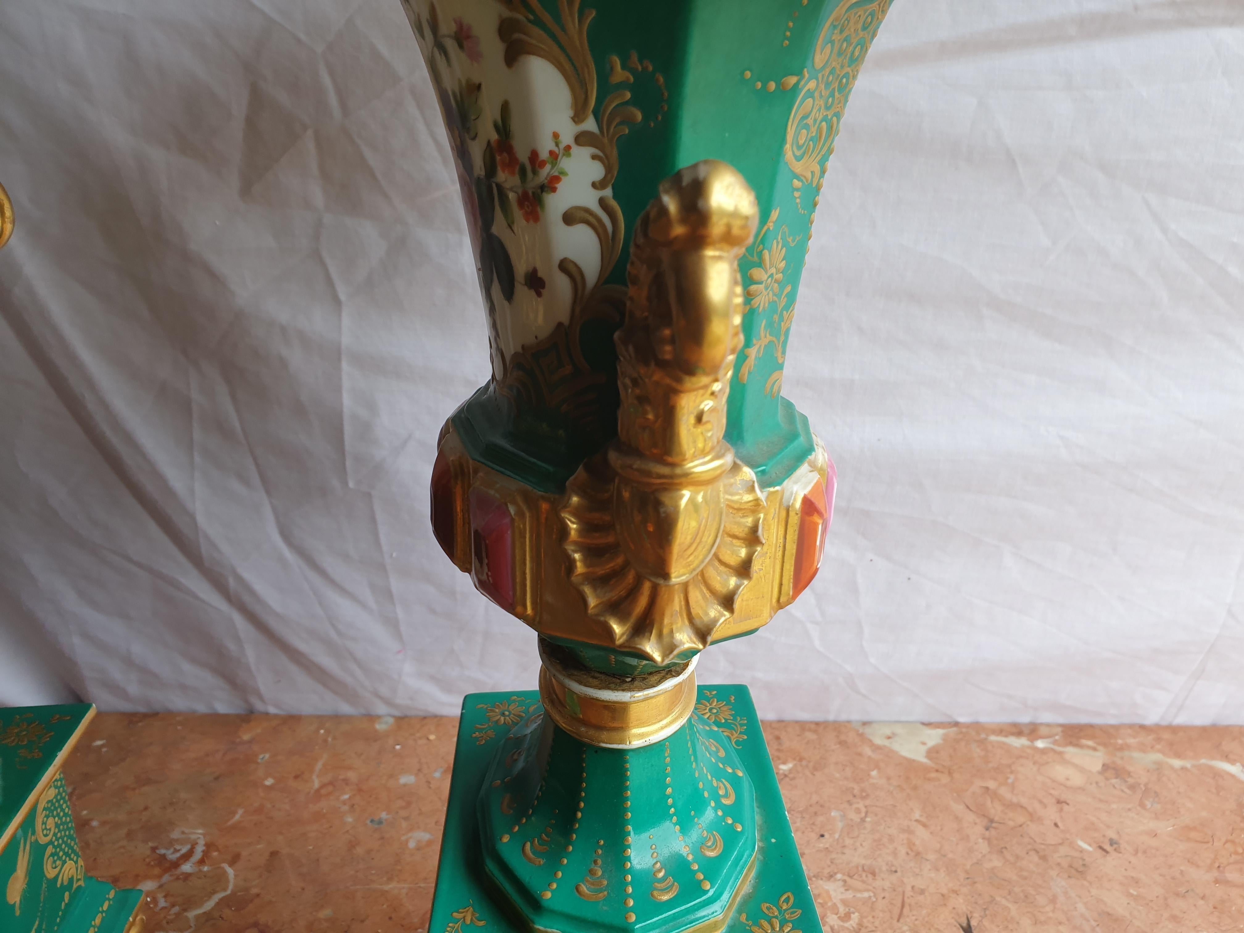 Jacob Petit Hand Painted Urn Vases with Gilding Detailing and Jewelling For Sale 6