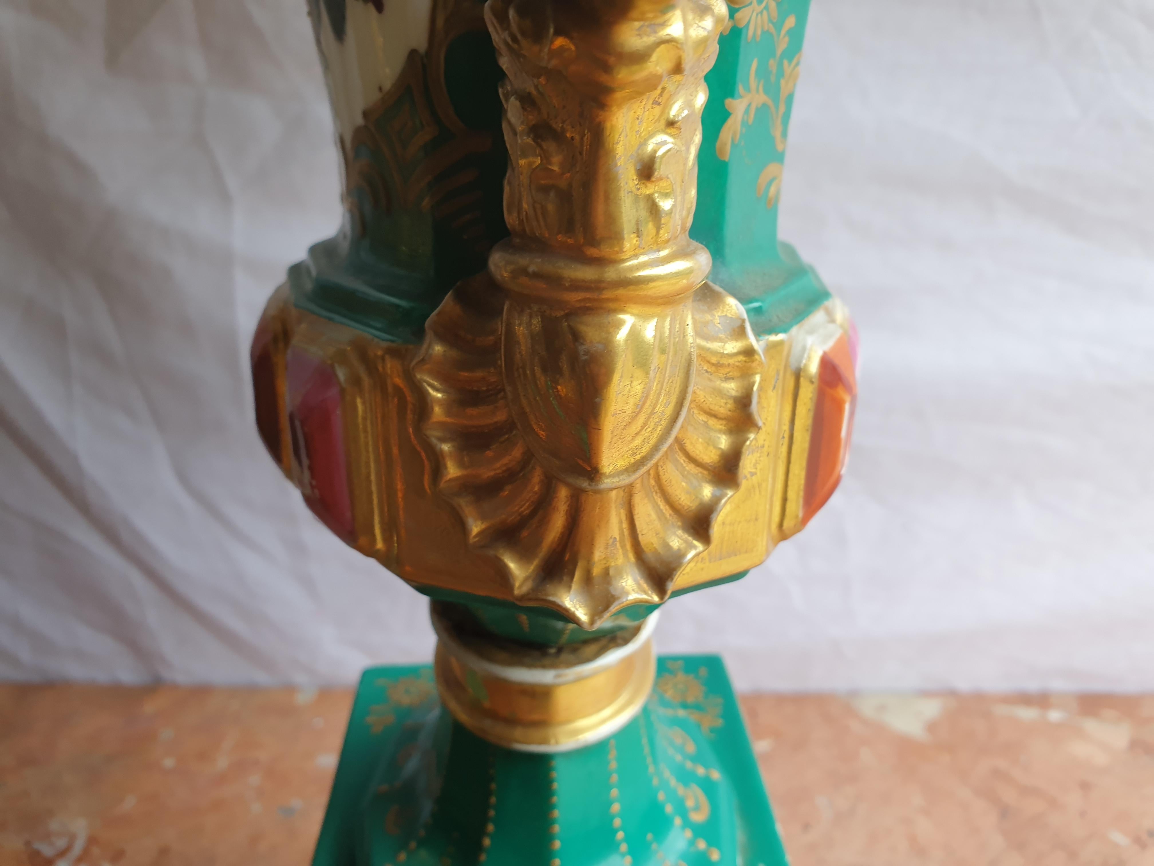 Jacob Petit Hand Painted Urn Vases with Gilding Detailing and Jewelling For Sale 7
