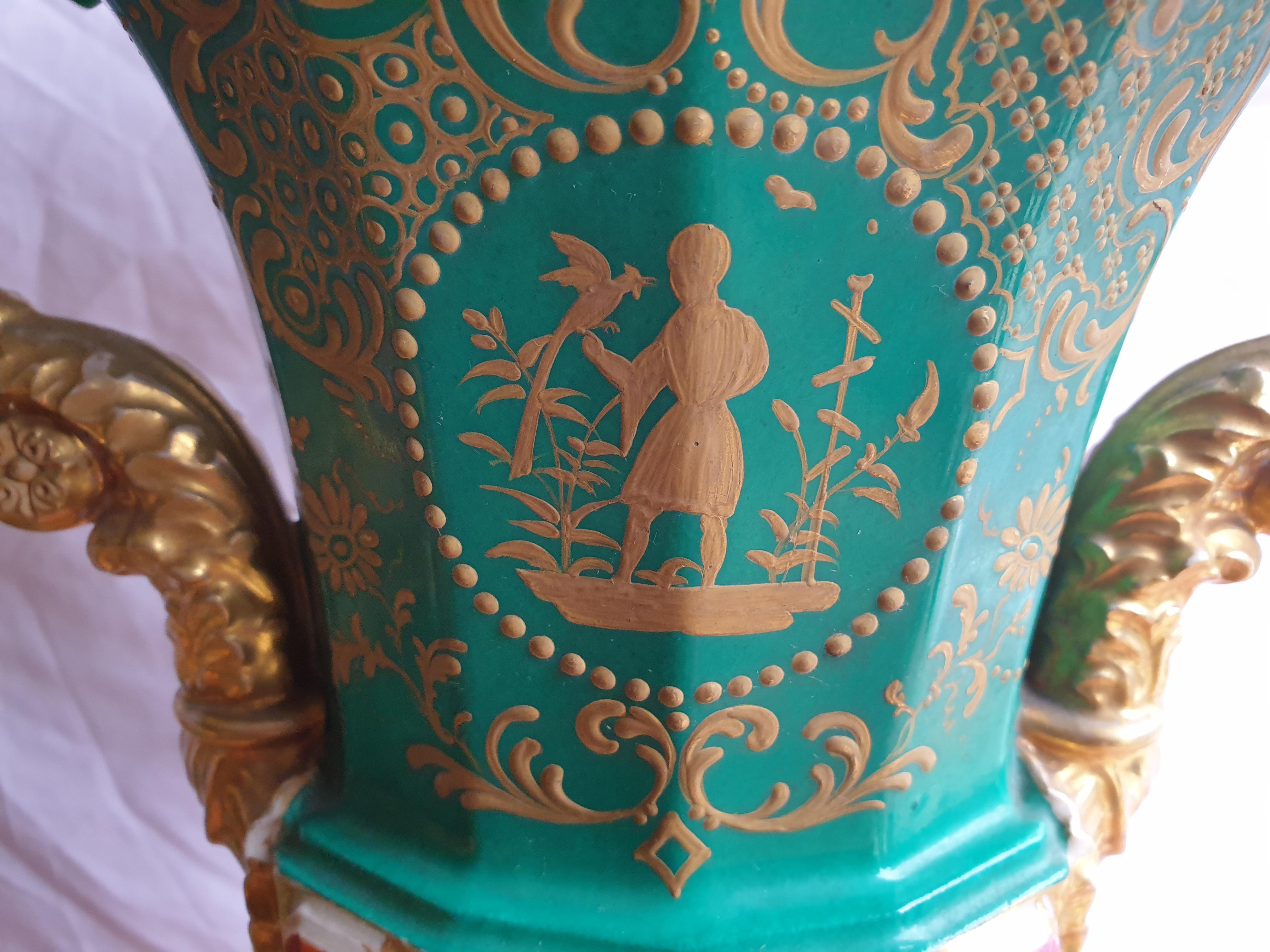 Jacob Petit Hand Painted Urn Vases with Gilding Detailing and Jewelling For Sale 10