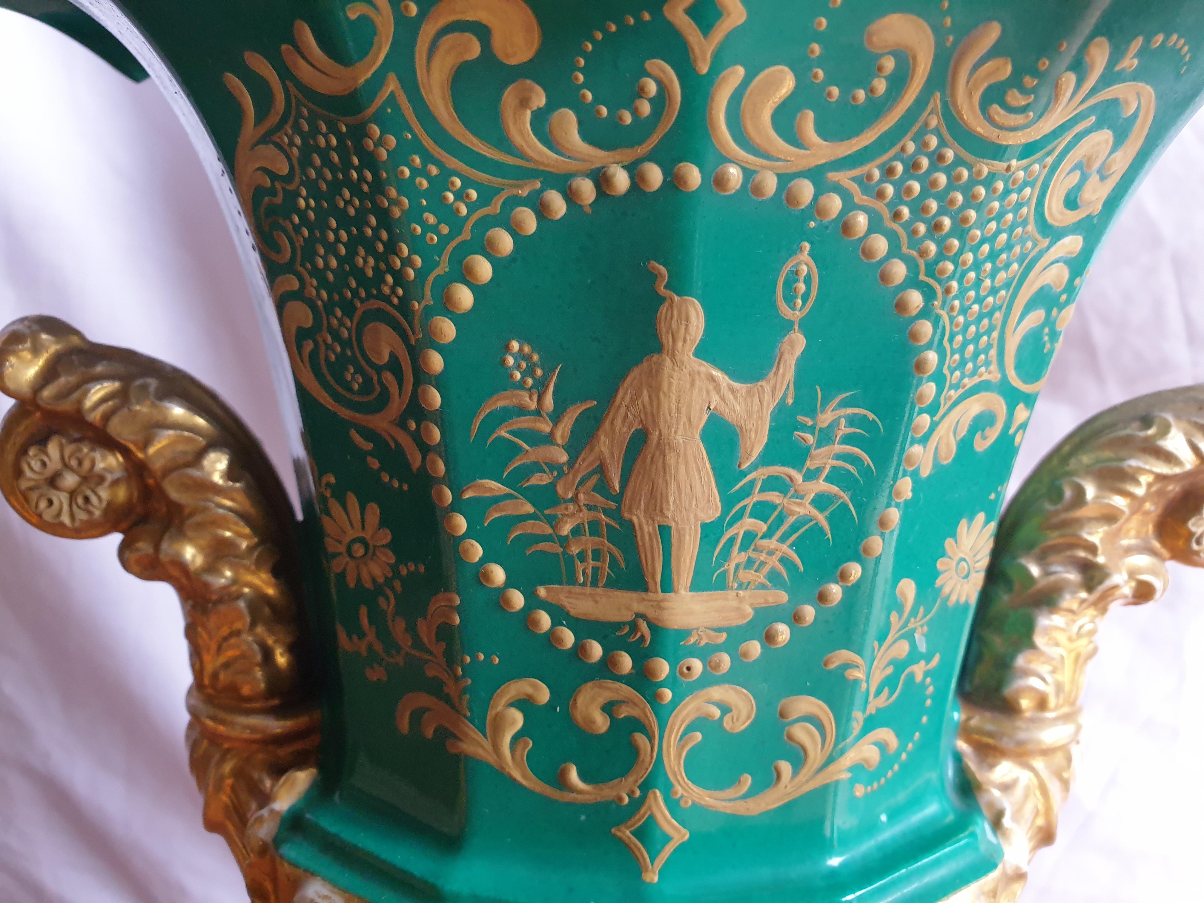 Jacob Petit Hand Painted Urn Vases with Gilding Detailing and Jewelling For Sale 11
