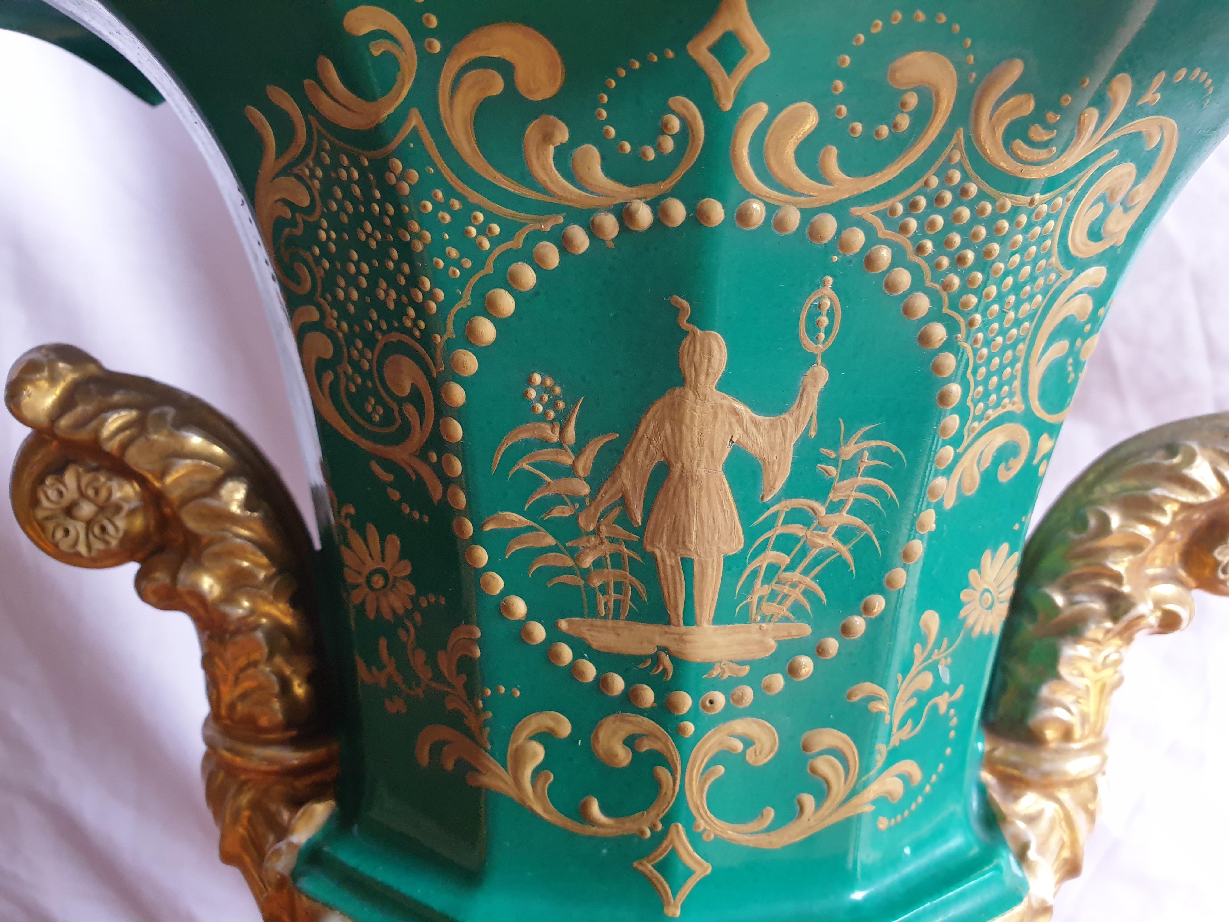 Jacob Petit Hand Painted Urn Vases with Gilding Detailing and Jewelling For Sale 12