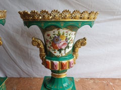 Jacob Petit Hand Painted Urn Vases with Gilding Detailing and Jewelling