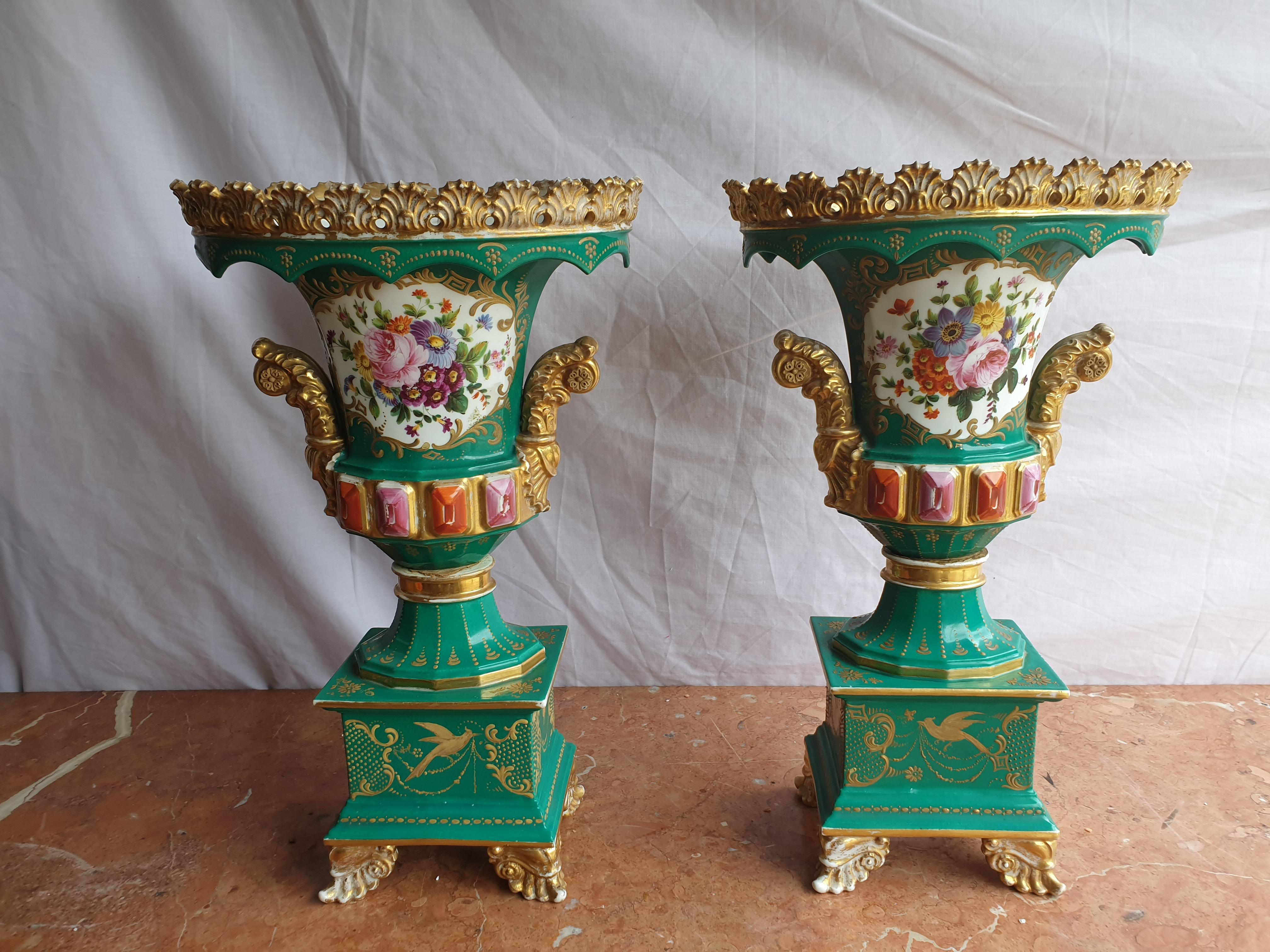 French Jacob Petit Hand Painted Urn Vases with Gilding Detailing and Jewelling For Sale