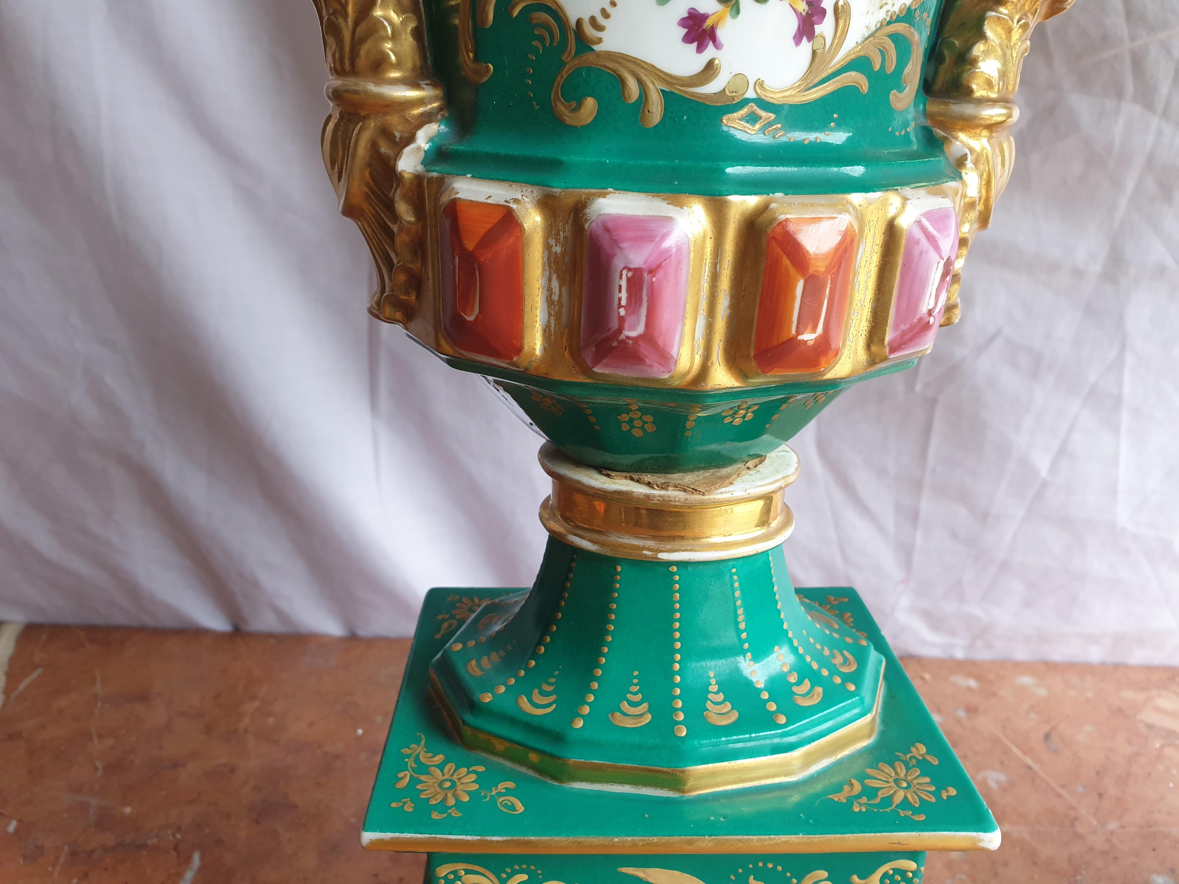 Jacob Petit Hand Painted Urn Vases with Gilding Detailing and Jewelling In Good Condition For Sale In London, GB