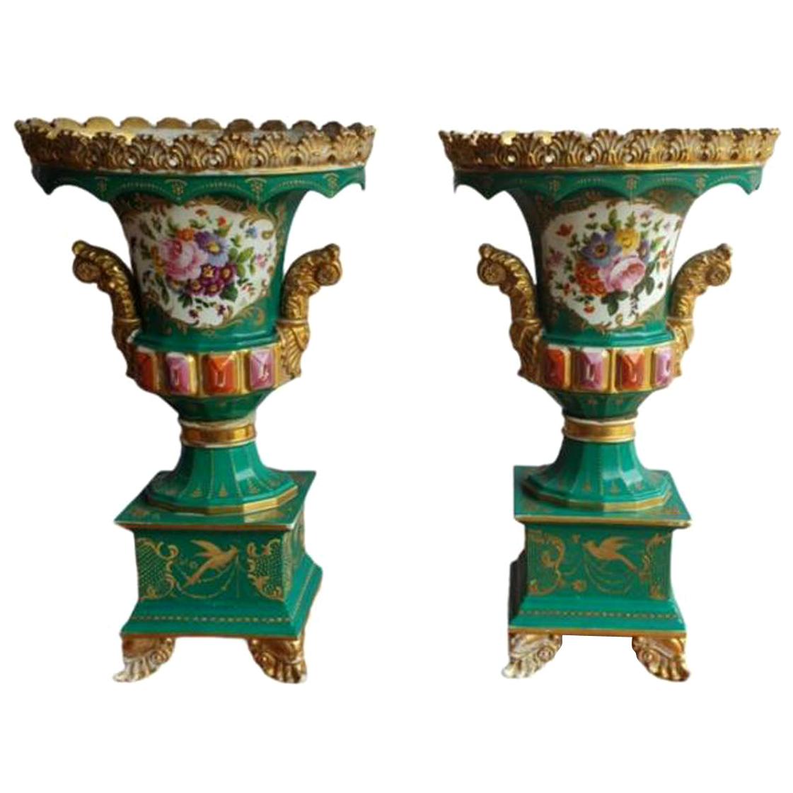 Jacob Petit Hand Painted Urn Vases with Gilding Detailing and Jewelling For Sale