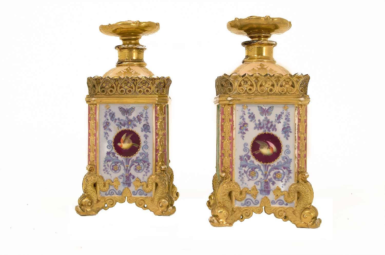 French Jacob Petit, Pair of Flasks with Canted Corners in Enameled Porcelain, 1840