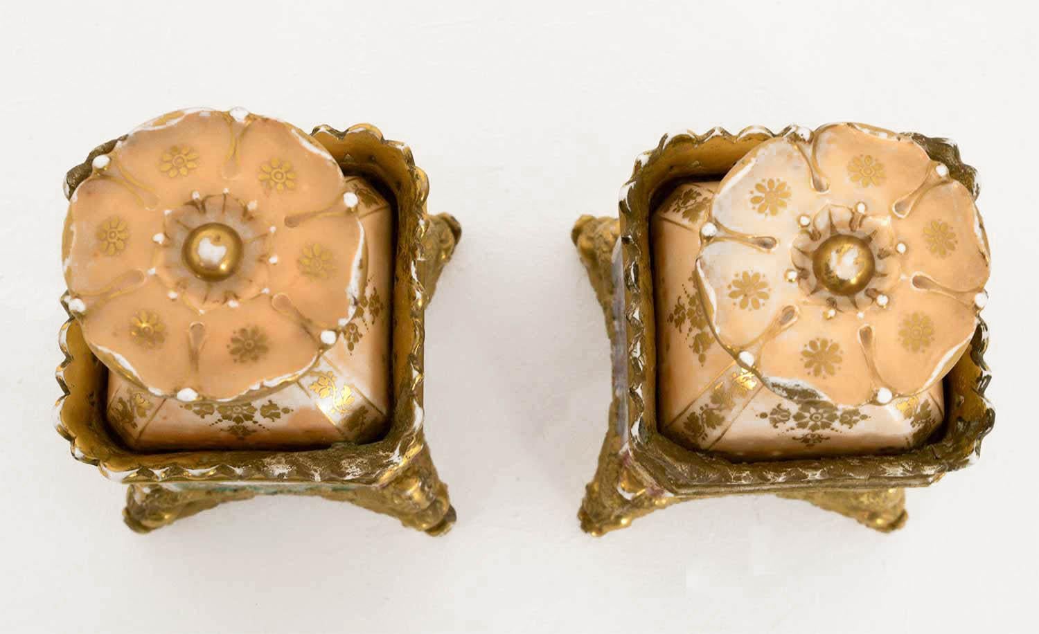 Jacob Petit, Pair of Flasks with Canted Corners in Enameled Porcelain, 1840 1