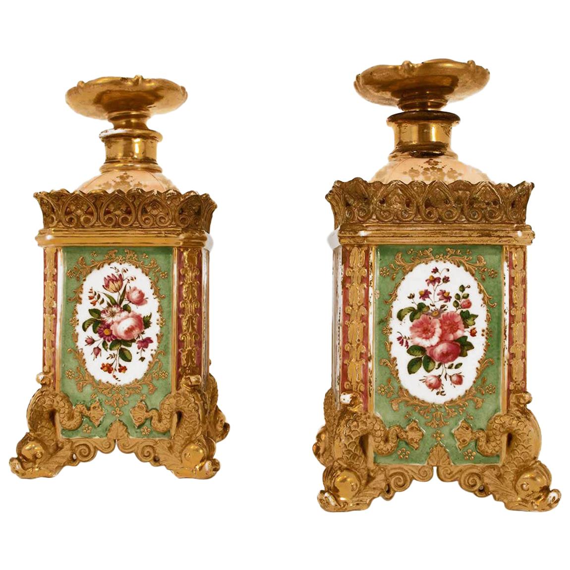Jacob Petit, Pair of Flasks with Canted Corners in Enameled Porcelain, 1840