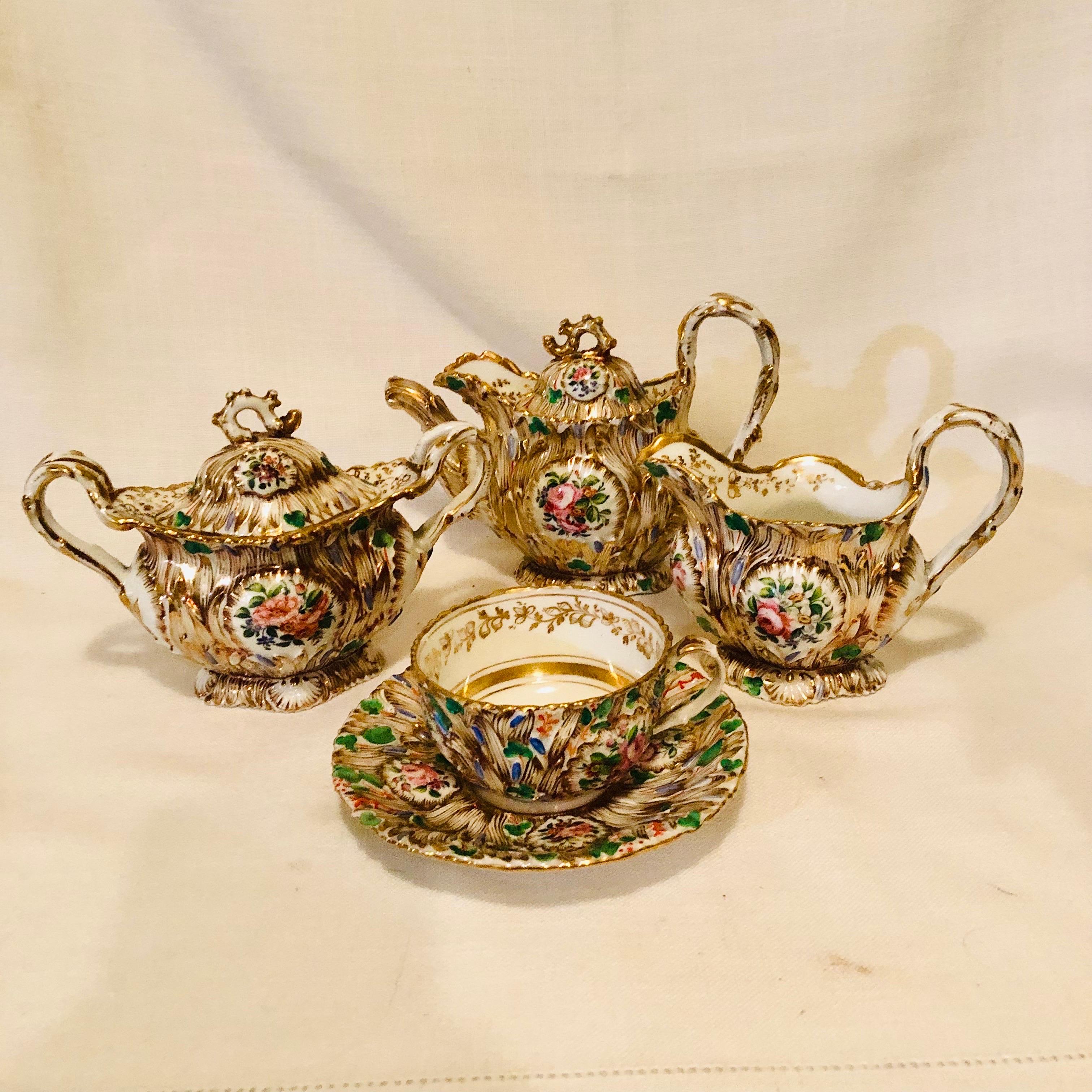 Jacob Petit Paris Porcelain Tea Set with Gilt and Colorful Rococo Decoration For Sale 4