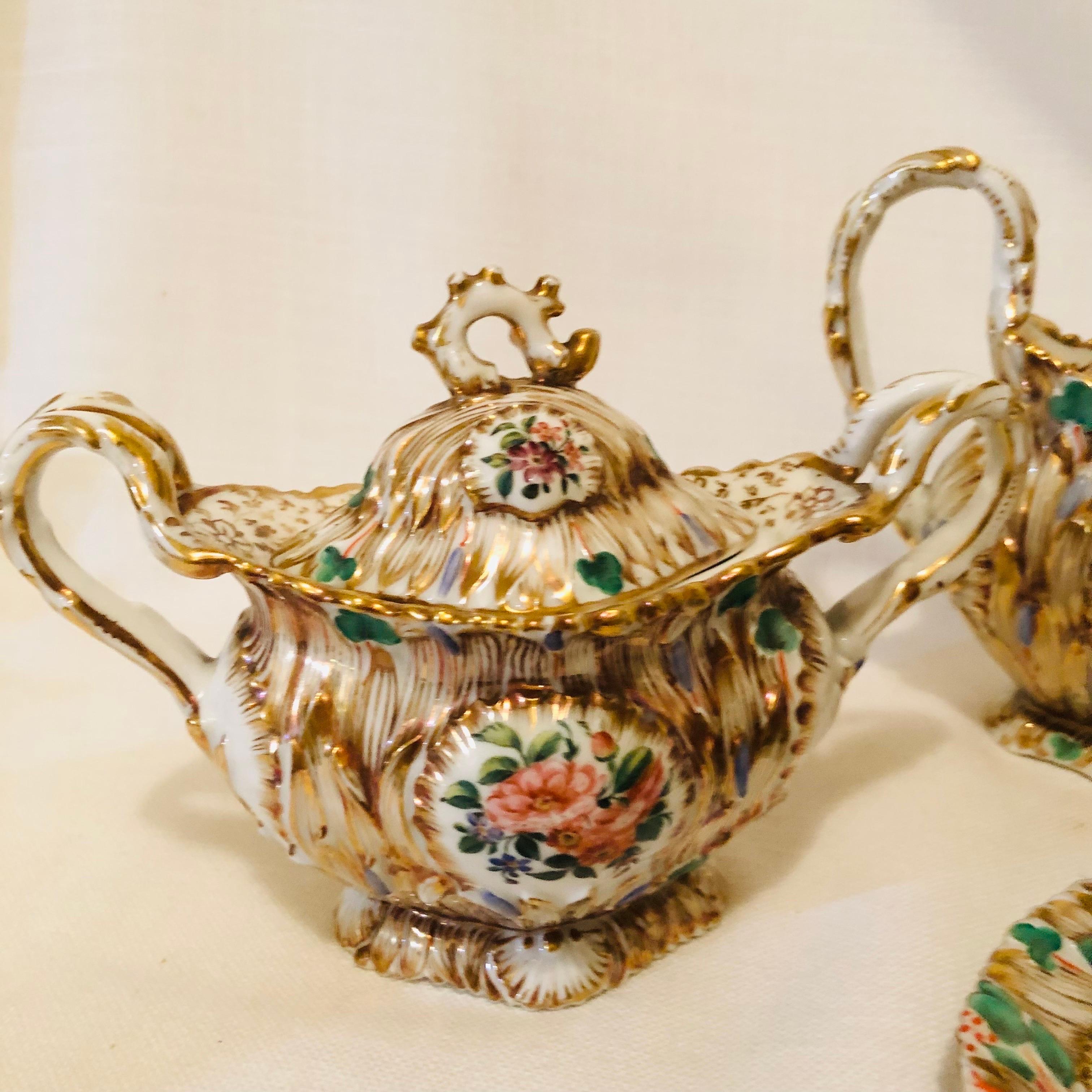 Hand-Painted Jacob Petit Paris Porcelain Tea Set with Gilt and Colorful Rococo Decoration For Sale