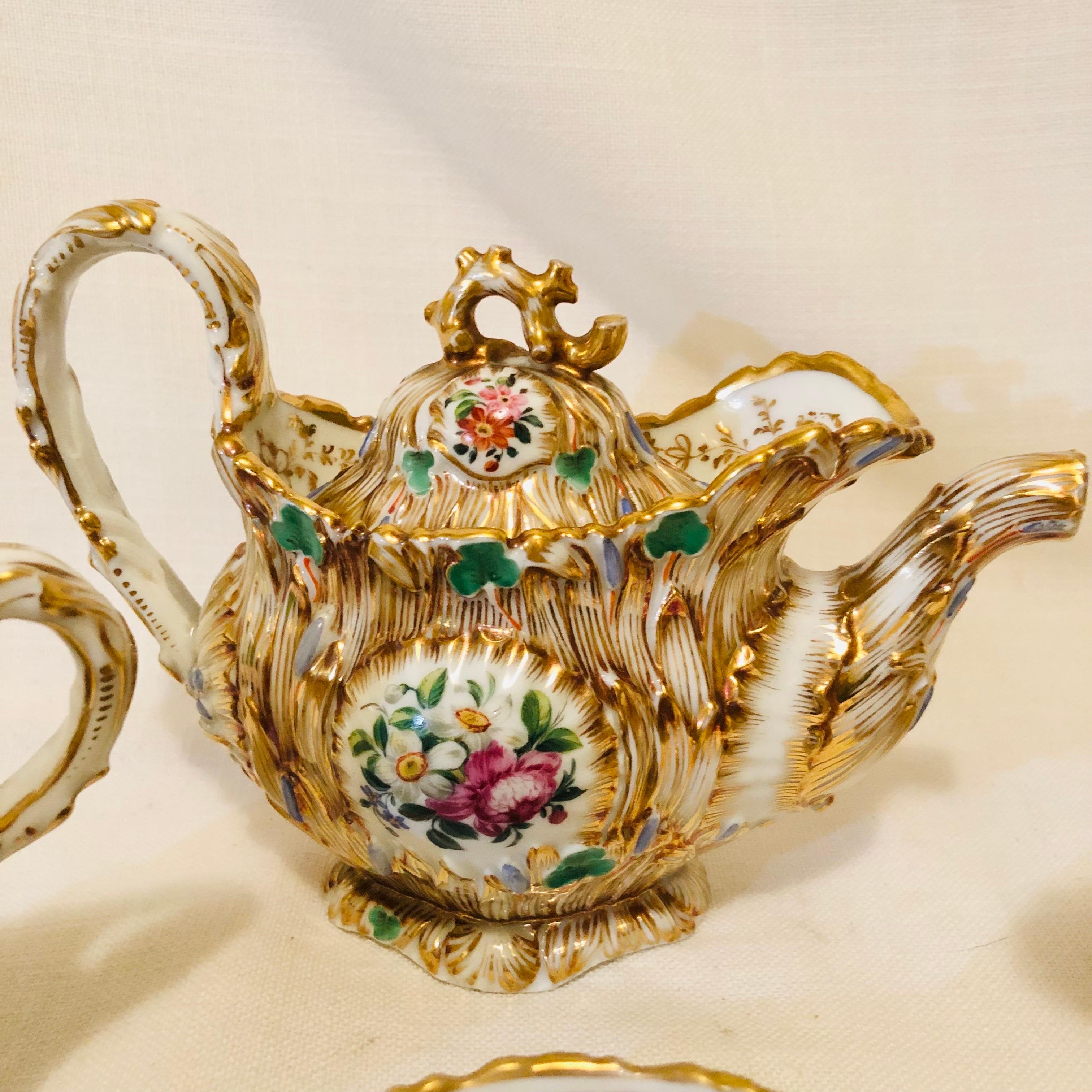 Jacob Petit Paris Porcelain Tea Set with Gilt and Colorful Rococo Decoration In Good Condition For Sale In Boston, MA