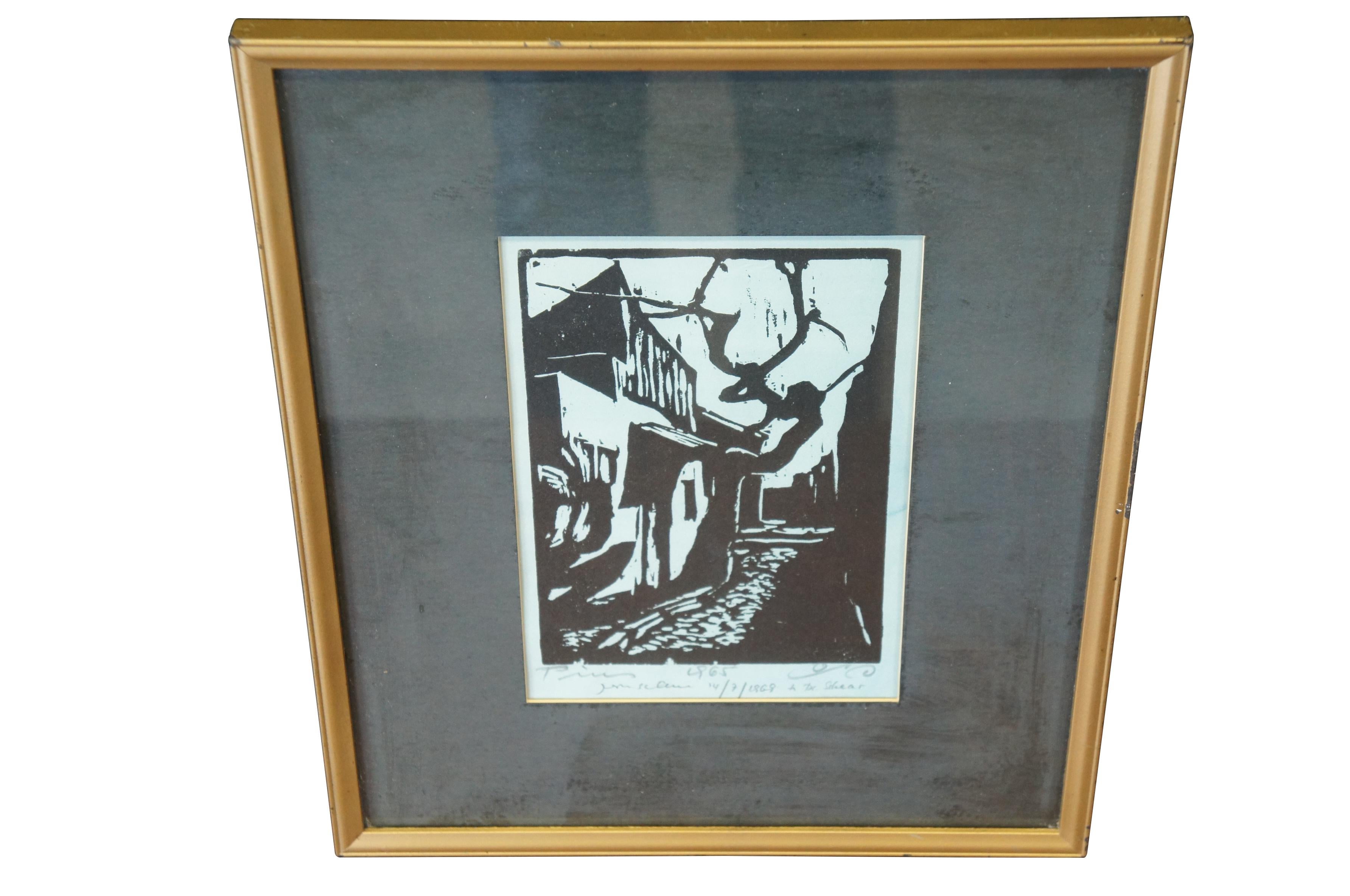 Jacob Pins German Israeli Woodcut Expressionist Print Village Street with Tree In Good Condition For Sale In Dayton, OH