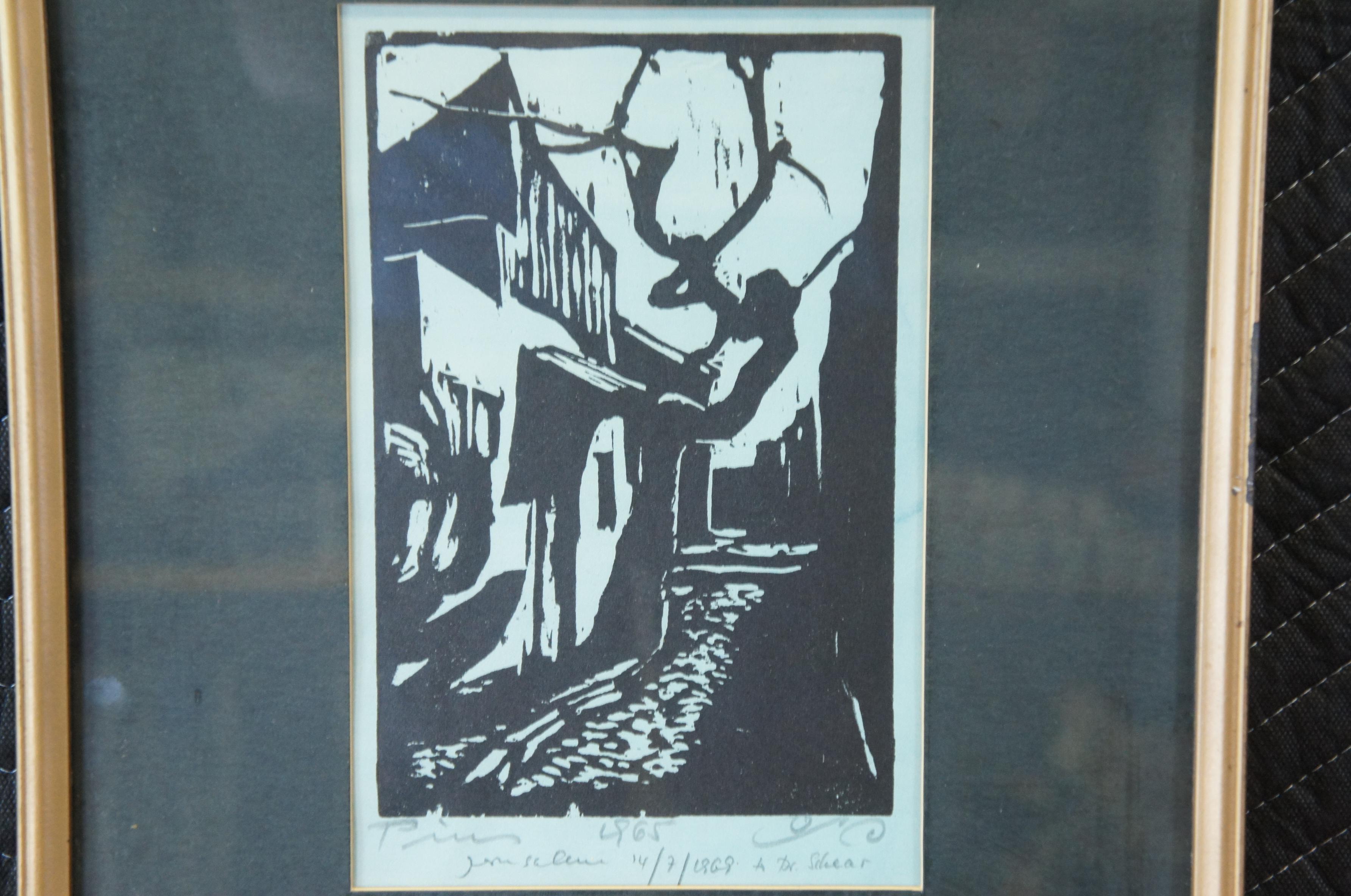 Mid-20th Century Jacob Pins German Israeli Woodcut Expressionist Print Village Street with Tree For Sale