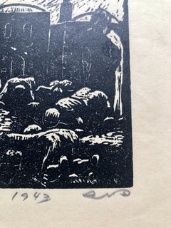 1943 Israeli German Expressionist Woodcut Print Vintage Woodblock Bezalel School