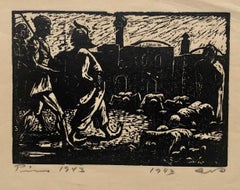 1943 Israeli German Expressionist Woodcut Print Vintage Woodblock Bezalel School