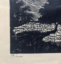 1944 Israeli German Expressionist Woodcut Print Vintage Woodblock Bezalel School
