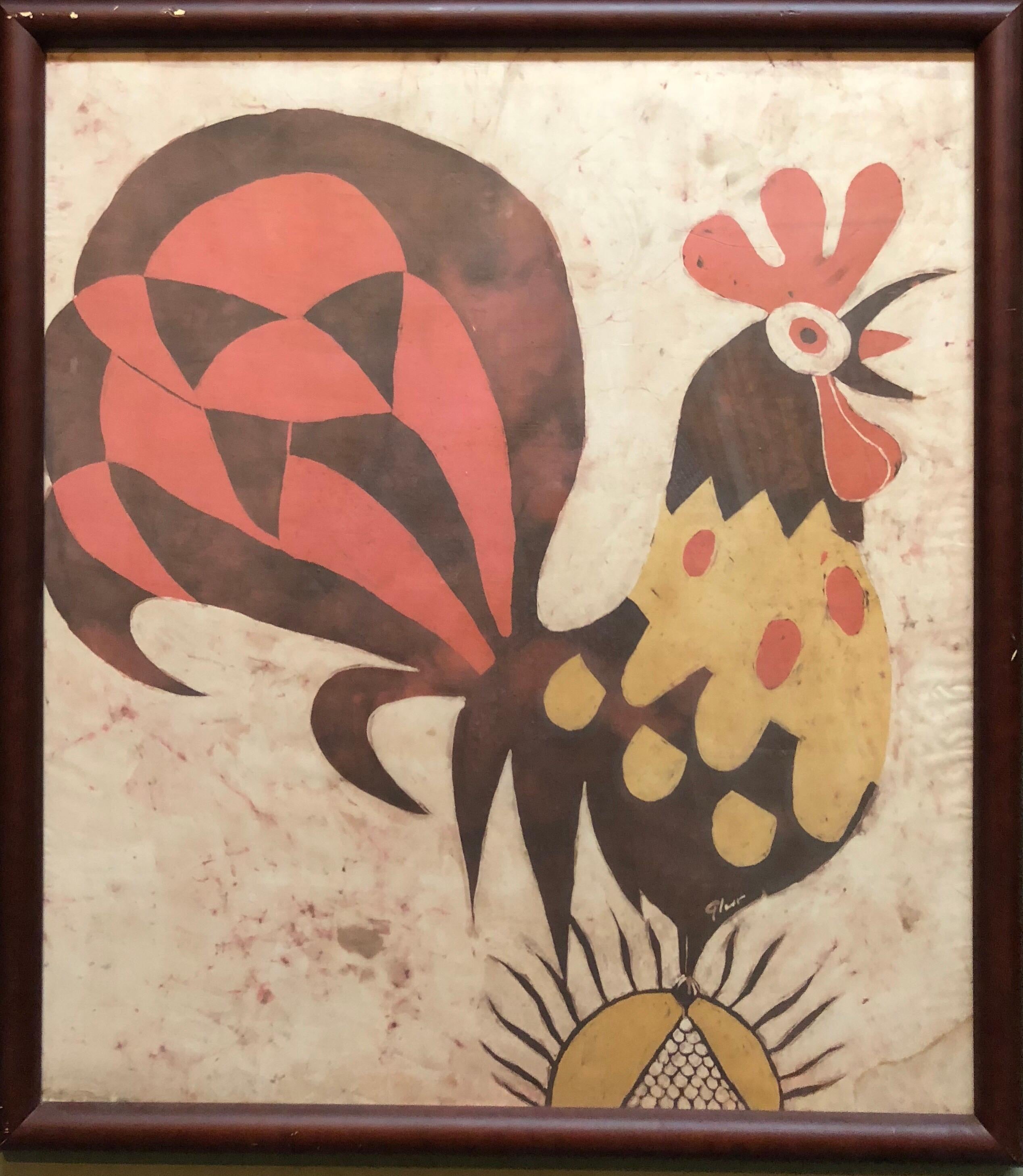 Deutscher israelischer expressionistischer „Rooster“ Gemäldedruck im Batik-Stil auf Seidenstoff (Expressionismus), Mixed Media Art, von Jacob Pins