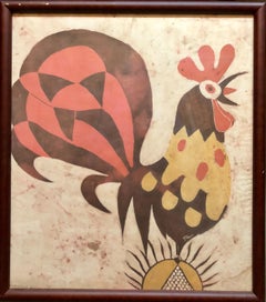 Vintage German Israeli Expressionist "Rooster" Batik Style Painting Print on Silk Fabric