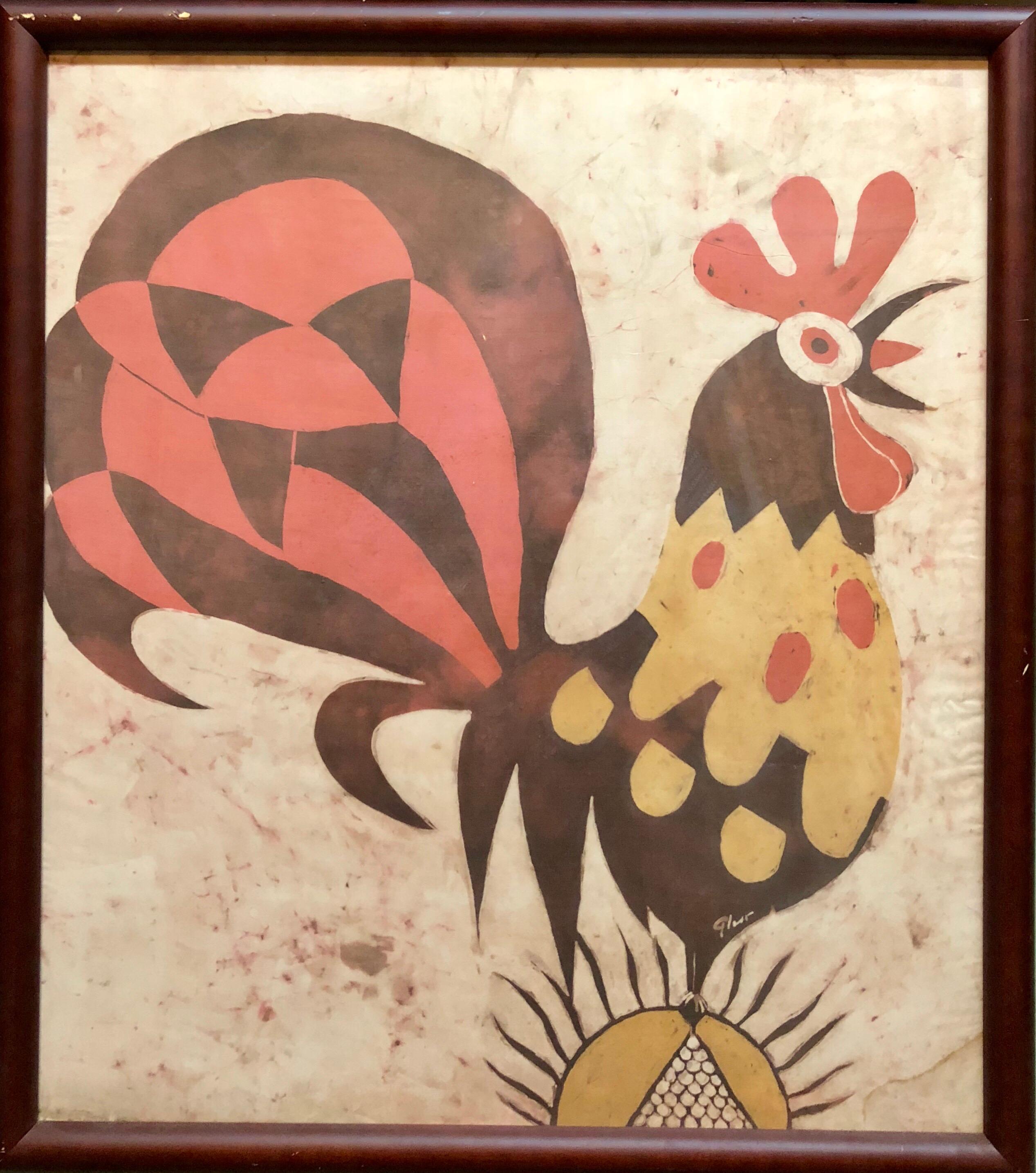 Deutscher israelischer expressionistischer „Rooster“ Gemäldedruck im Batik-Stil auf Seidenstoff – Mixed Media Art von Jacob Pins